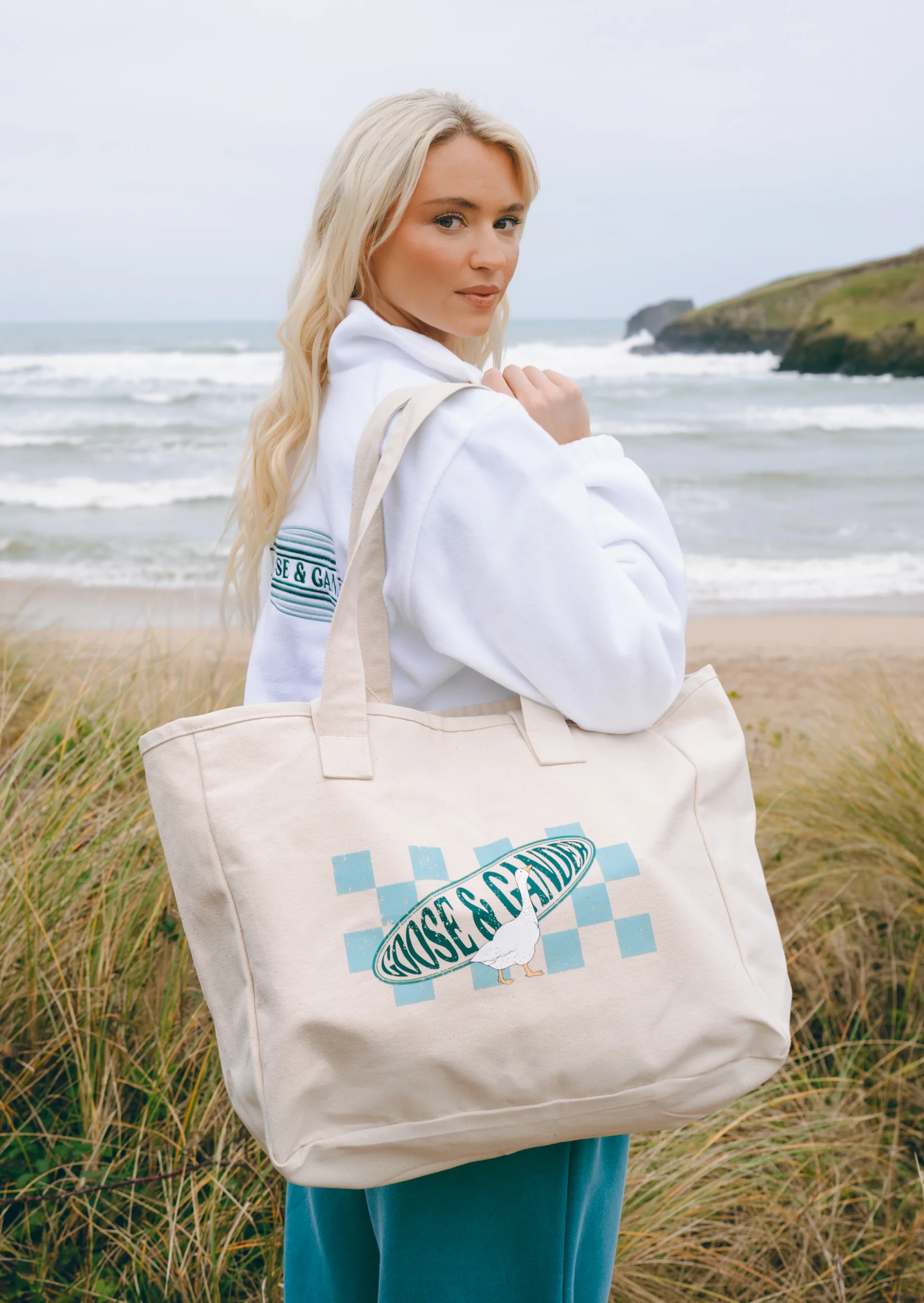 L&L Checkered Zip Tote Bag - Natural